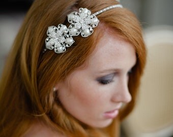 Handmade Bridal Headband Double Rhinestone Flowers with Lots of Sparkle in Ivory Swarovski Pearl