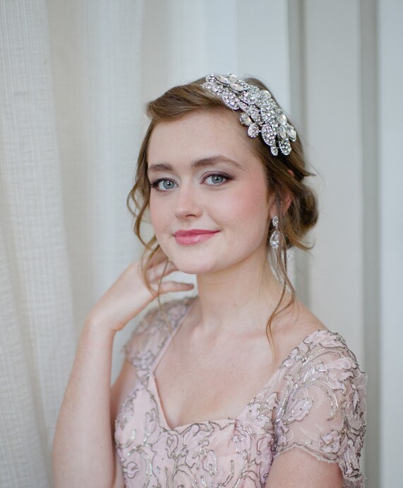 Dramatic Bridal Headband with Swarovski Rhinestone Flowers and Pearls by Fine & Fleurie