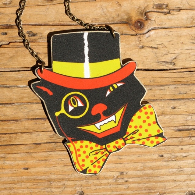 Black and Orange Vintage Halloween Cat Necklace