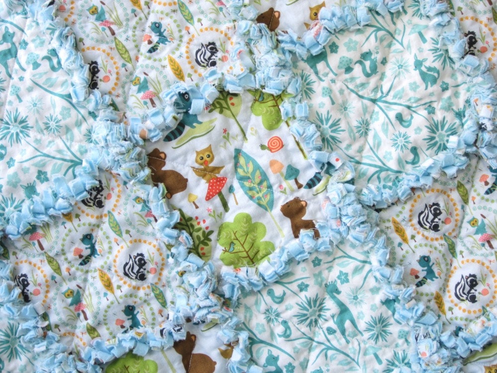 Baby Boy Quilt Rag Quilt Blue Woodland Animals Owls Bears