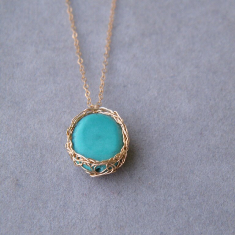 Turquoise Gold Necklace, Crochet Wire Necklace, 14k Gold Filled Necklace, Crochet Gold Wire