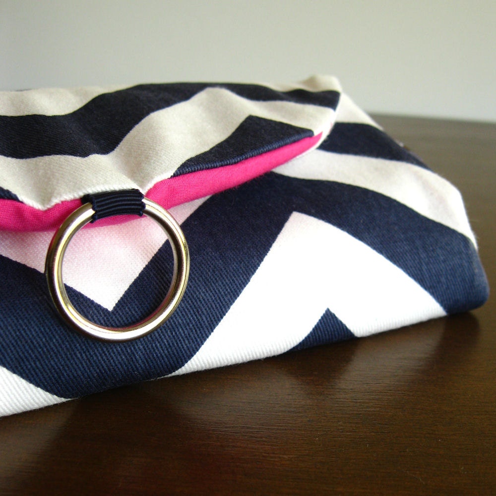 Jewelry Organizer  Roll Clutch for Travel - Navy and White Chevron with Fuchsia