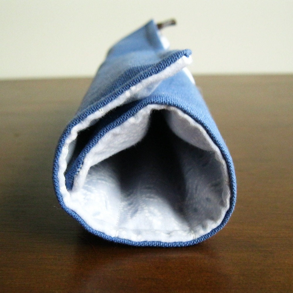 Makeup Brush Travel Roll - Size Small - Blue and Pale Grey Leaves