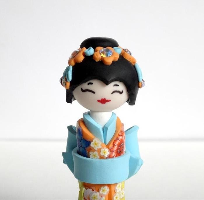 Miniature Japanese Doll , Kokeshi Doll, Pastel's Orange Turquoise ,Shabby Chic, Unique Handmade Sculpture doll