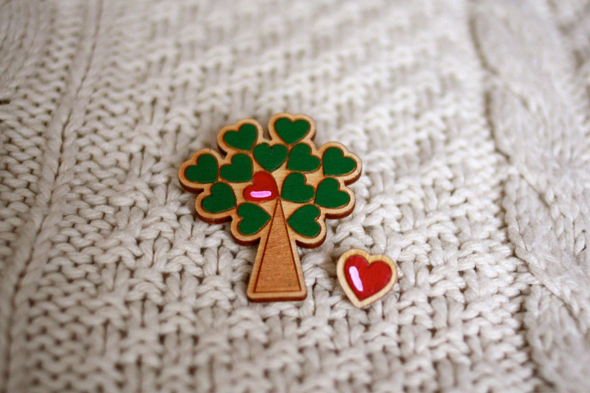 Tree and Heart Leaf Brooch set. Hand Painted. Laser Cut. Sustainable Birch Wood.