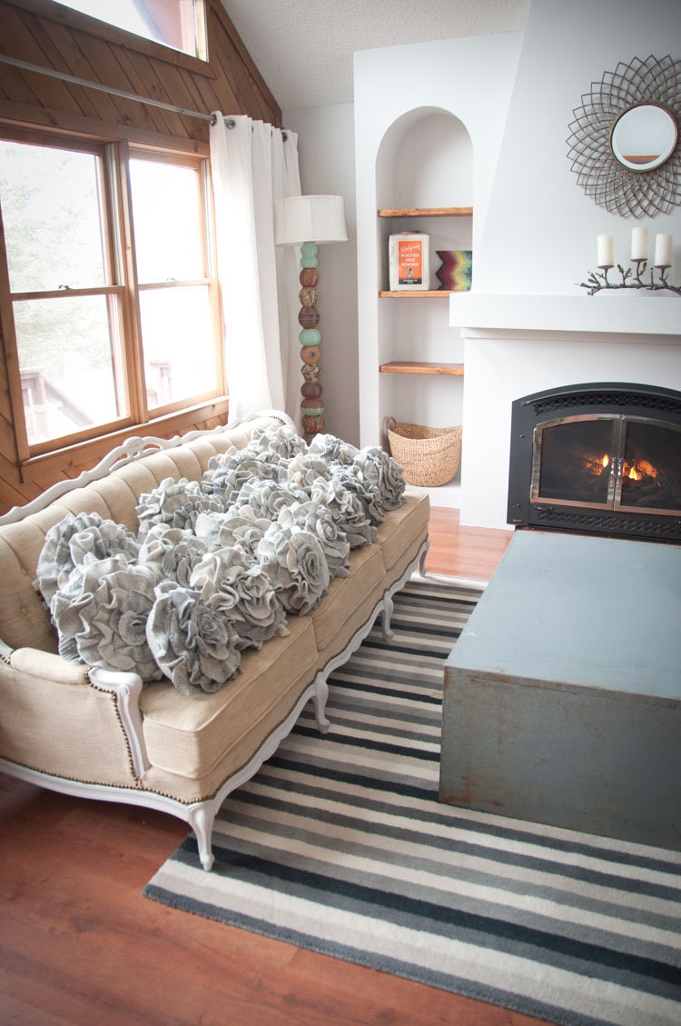Light Gray Knit Ruffle Rose Pillow - Large