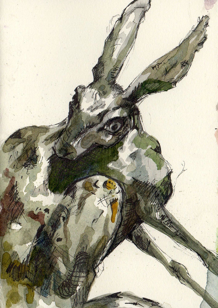 Frantic Hare Original Watercolor Painting of Green Rabbit by Jen Tracy