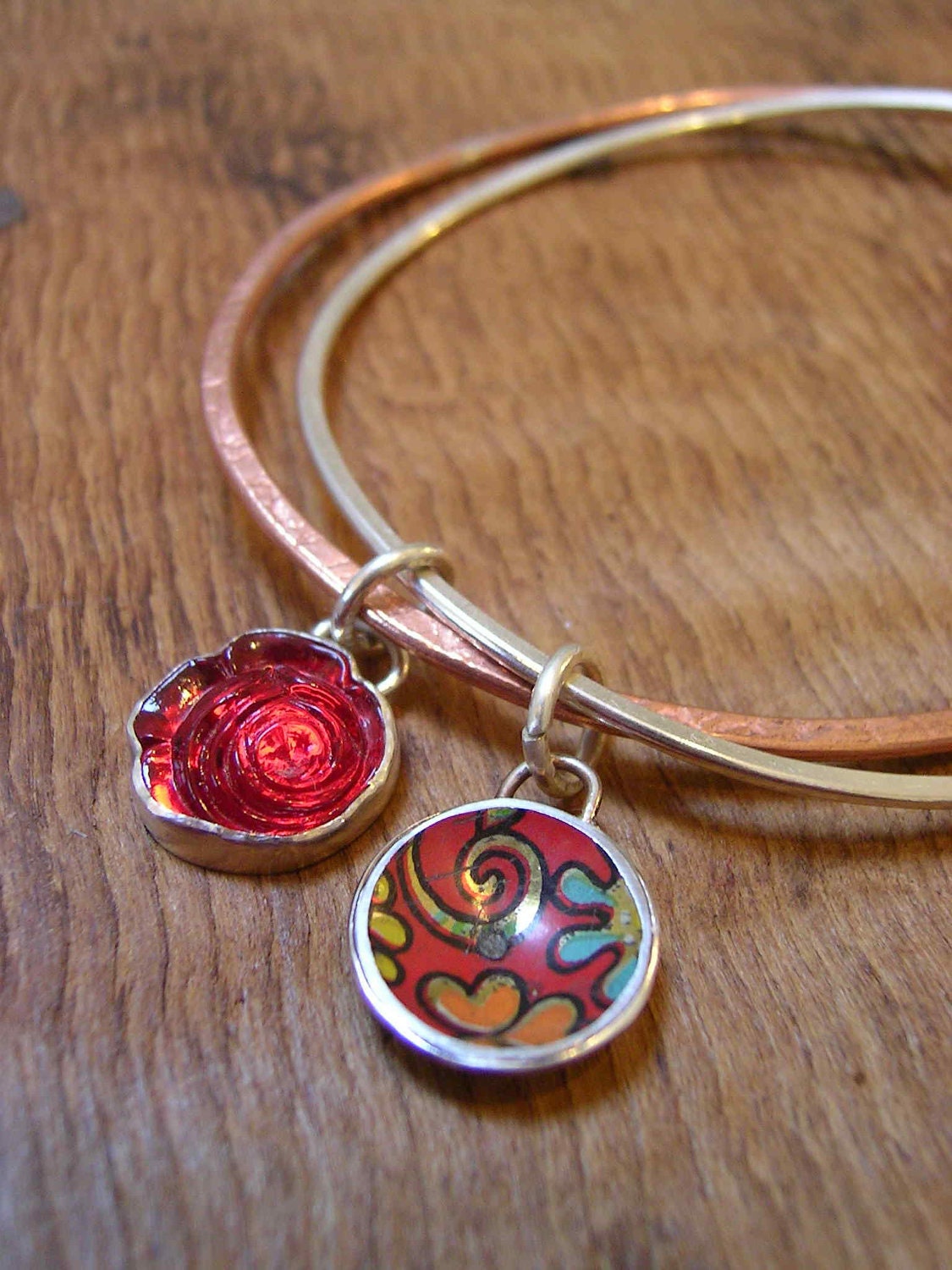 Roses Double bangle in sweet crimson. Recycled tins, glass, copper, brass.
