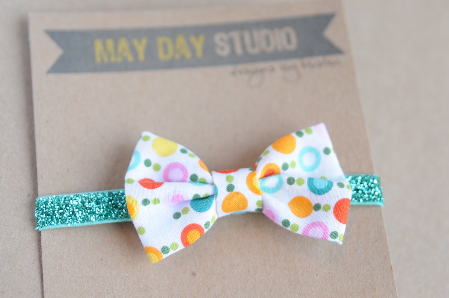 newborn baby toddler girls fabric bow headband - multi dot bow on turquoise glitter elastic