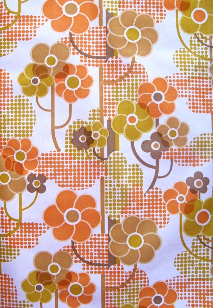 vintage wallpaper - beanstalk flowers and dots  - per yard