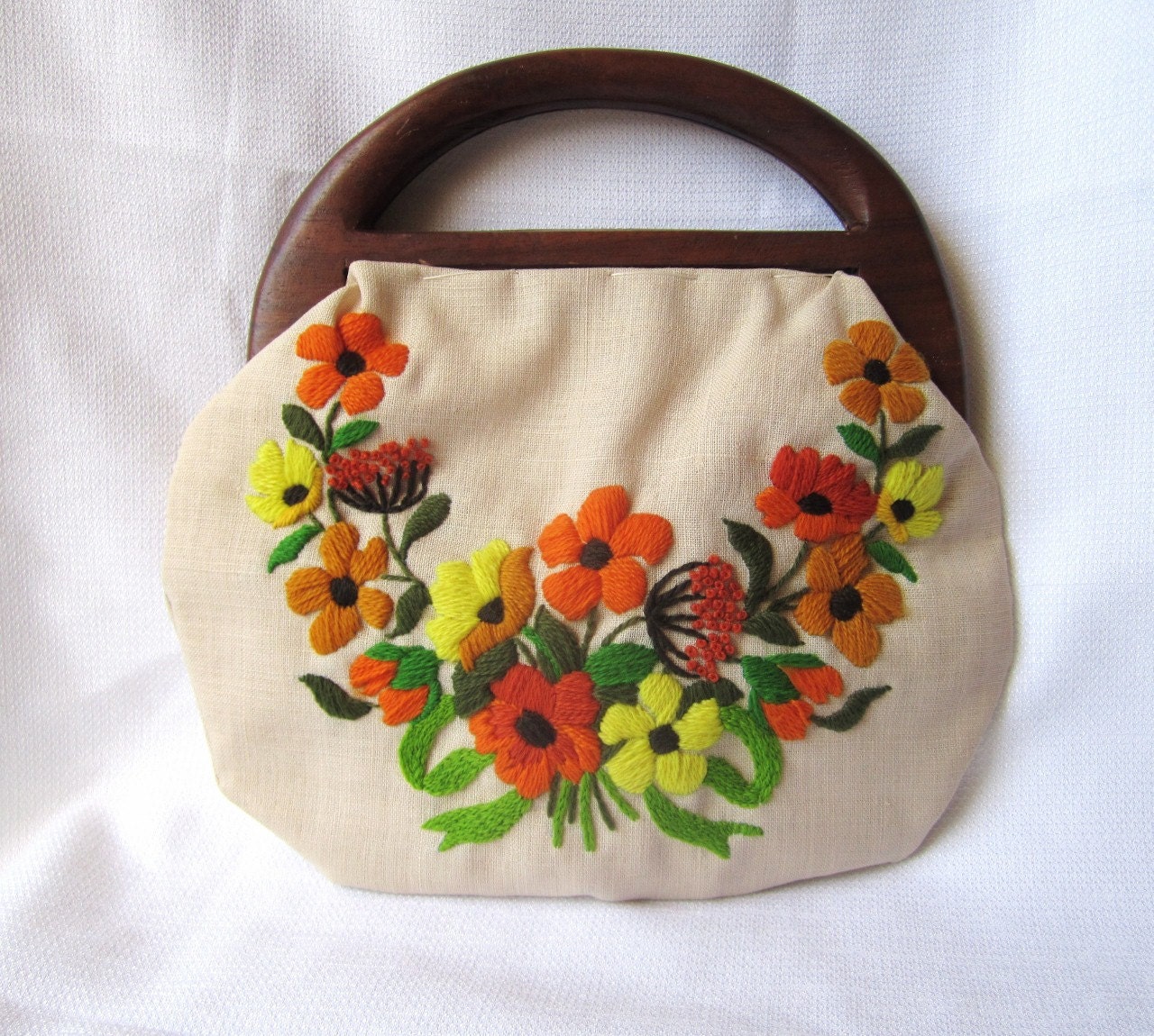 Vintage Handbag Collection--Embroidered Autumn Flowers on Tan with Dark Brown Wooden Handles