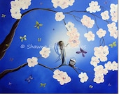 FAIRY ART PRINT Cute Little Faery Painting Blossoms on The Tree Erback 5x7 Bright Blue Colors