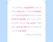 Marilyn Monroe At My Best Printable 8 x 10 Quote Digital Print Pink Gray
