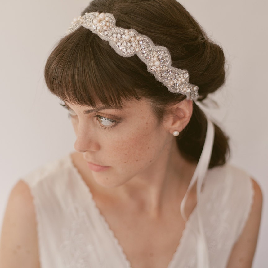 Bridal rhinestone headpiece - Ribbon Tie headband 816
