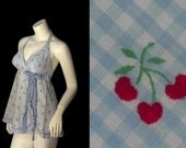 CHERRIES Novelty Print Vintage Gingham Rockabilly Lounging HALTER Swimsuit