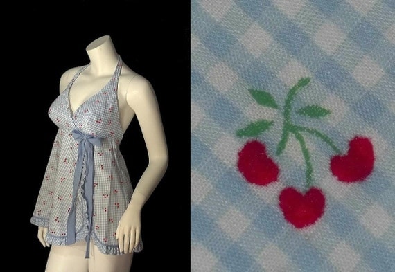 CHERRIES Novelty Print Vintage Gingham Rockabilly Lounging HALTER Swimsuit