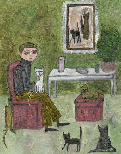 Cecil Hartwig, cat fancier.  Limited edition print of an original oil painting by Vivienne Strauss.