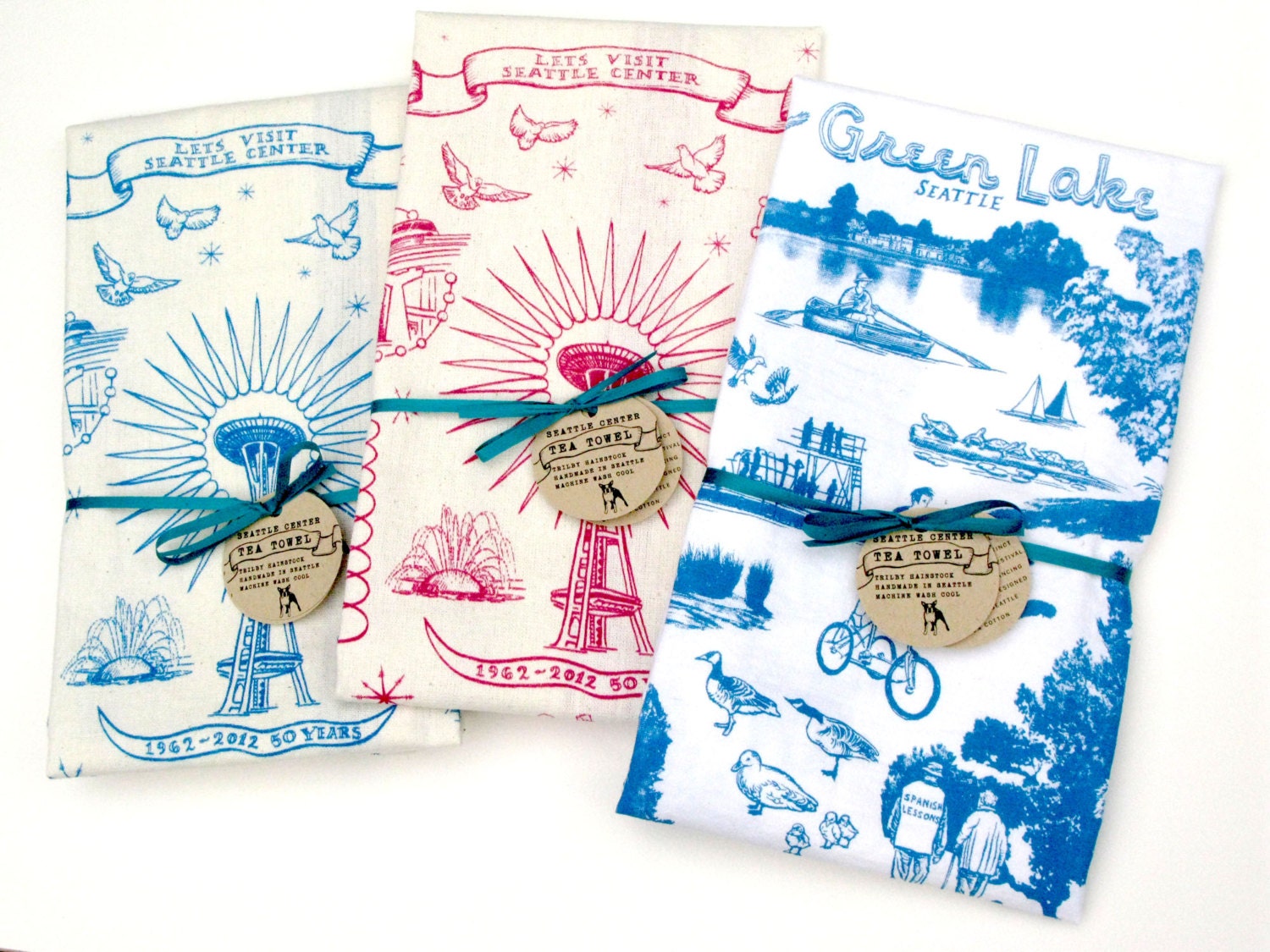 Tea Towel Screen Print Blue Toile Seattle Greenlake 100% Cotton