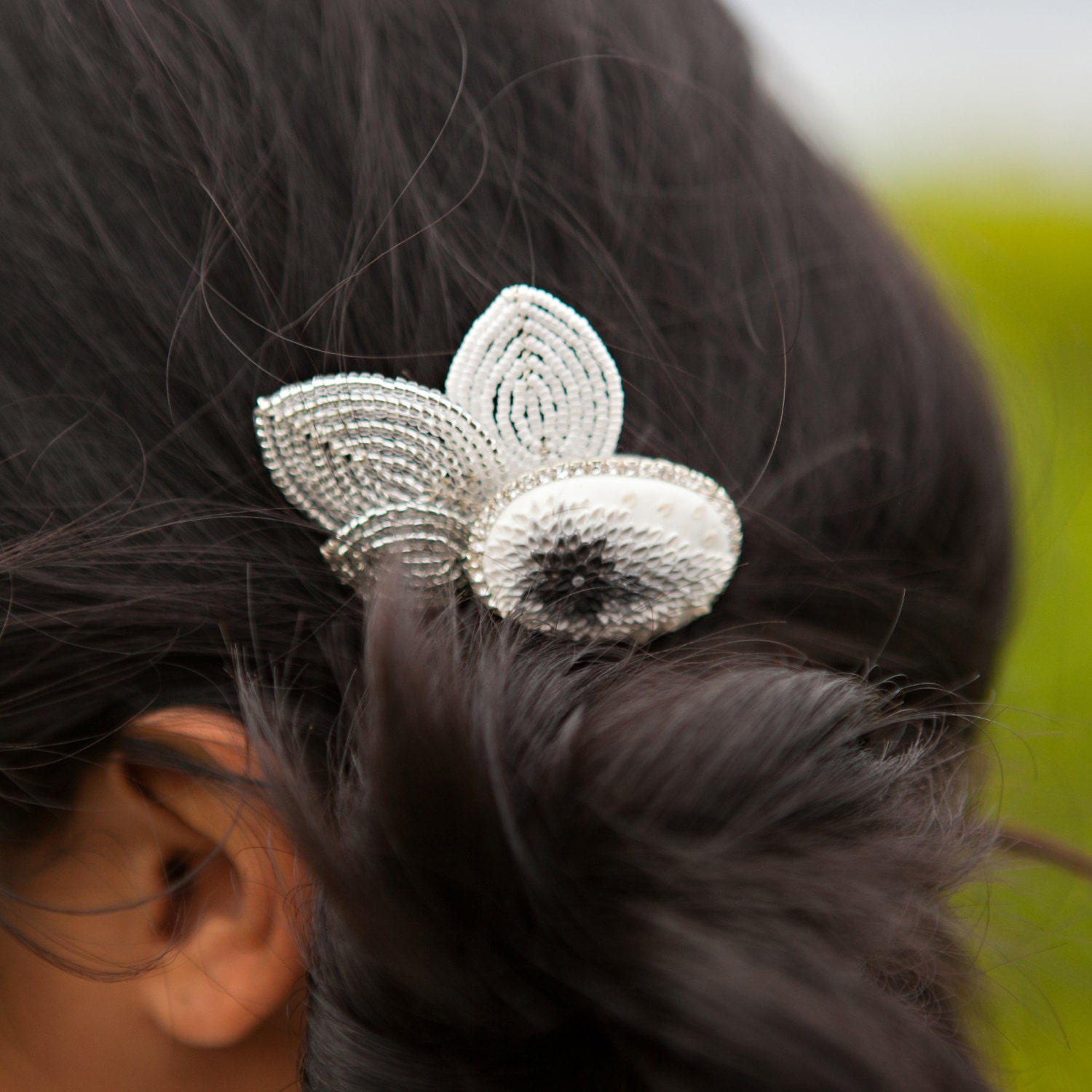 minimalist - COMB - clay embroidery, french-beaded petals - black, pewter, silver, white - AncaPeelma