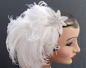 Feather Fascinator, Head Piece, Bridal Hair Accessory, Retro, High Fashion, Beaded Star, Curled Ostrich, Batcakes Couture