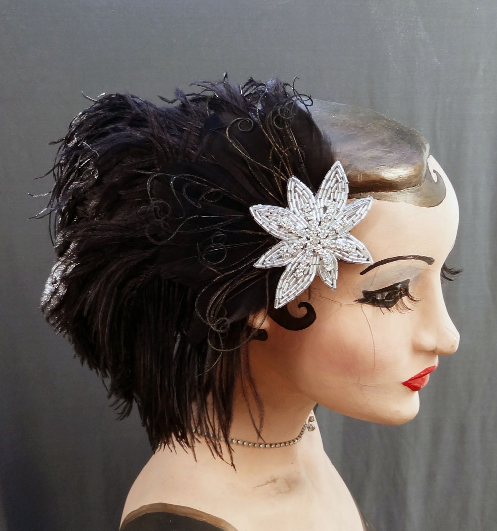 Feather Fascinator, Head Piece, Bridal Hair Accessory, Feather Headdress, Retro, High Fashion, Beaded Star, Curled Peacock, Batcakes Couture