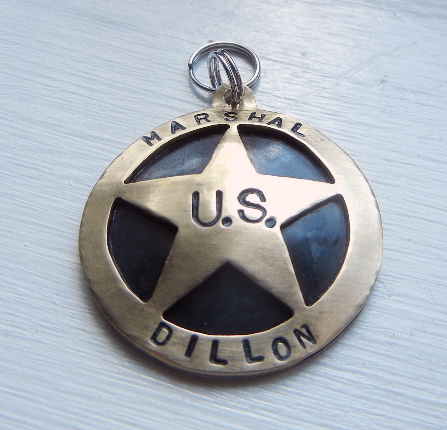 Police badge pet tag U.S. MARSHAL BADGE pet id tag dog. Unique brass custom stamped dog pet name tag.
