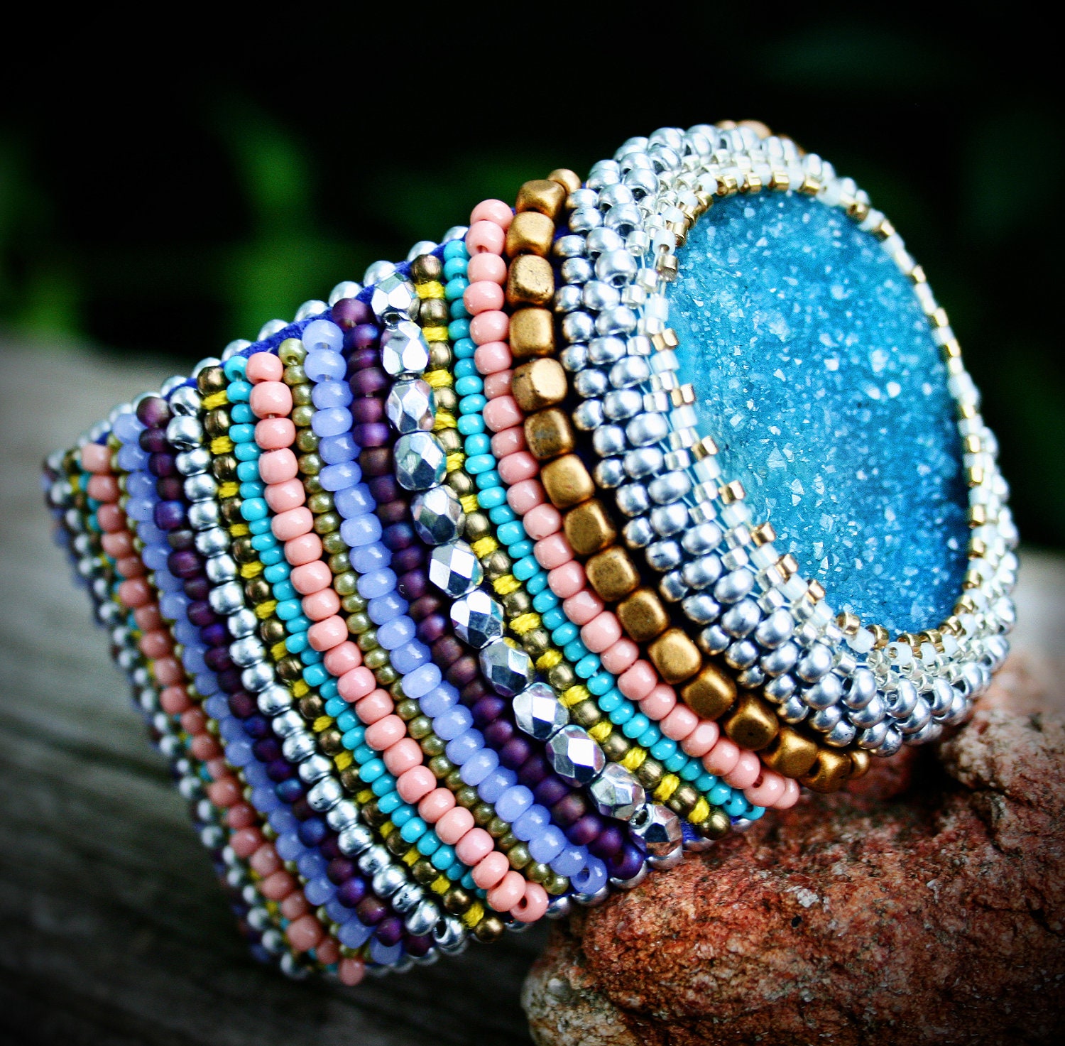 Serena Cuff - Bead Embroidery Druzy Crystal Bracelet