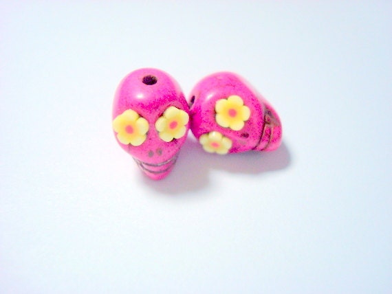Tiny Pink and Yellow Flower Eyes Day of The Dead Skull Beads-12mm