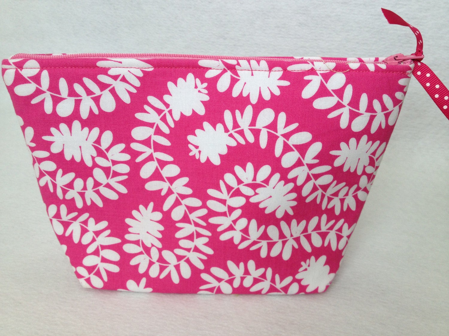 Bridesmaid thank you gift - Cosmetic Bag, Make Up zippered pouch, hot pink and white twirling tendrils