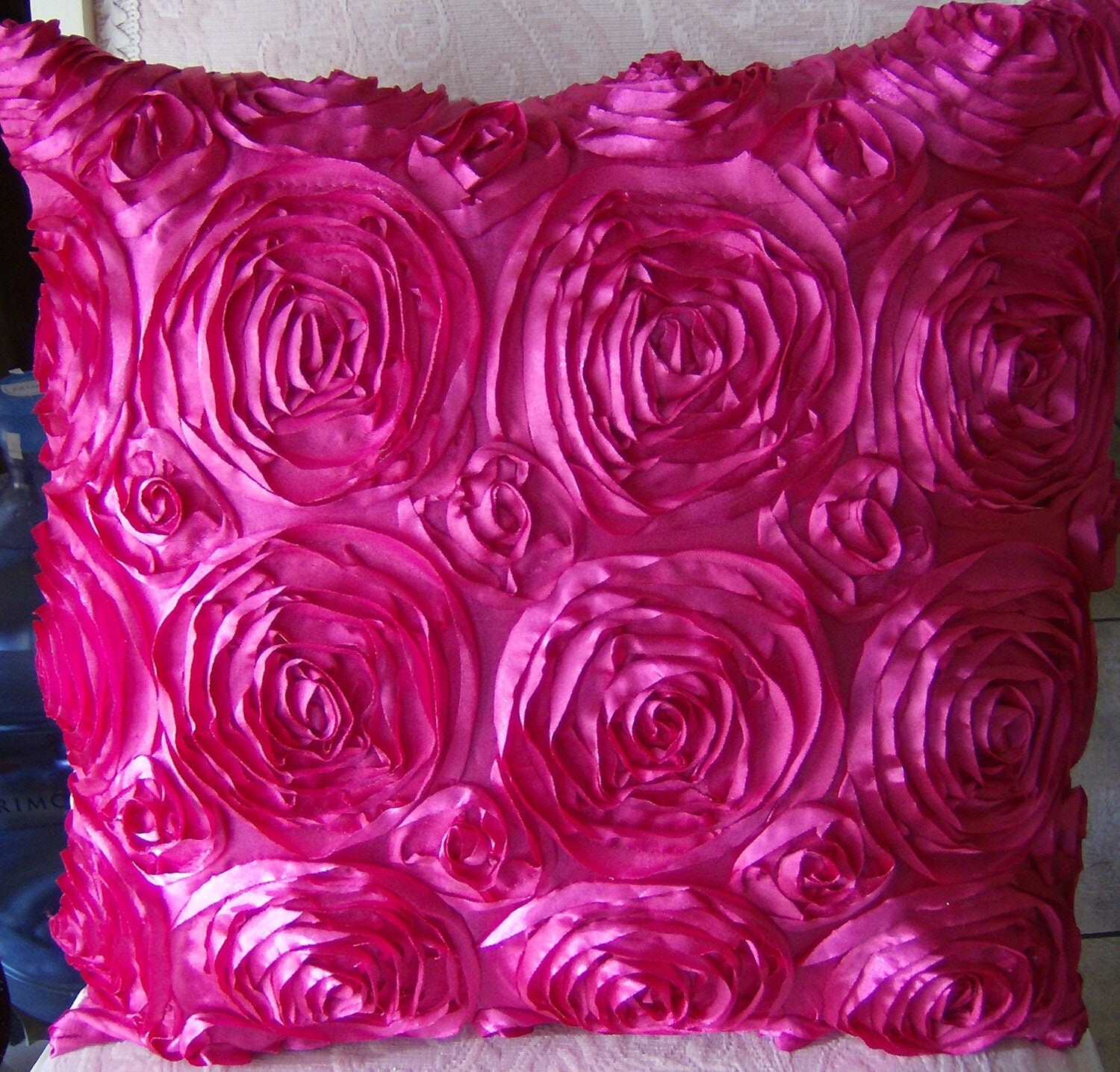 Hot Pink Satin Roses throw pillow Shabby chic by abrushofwings