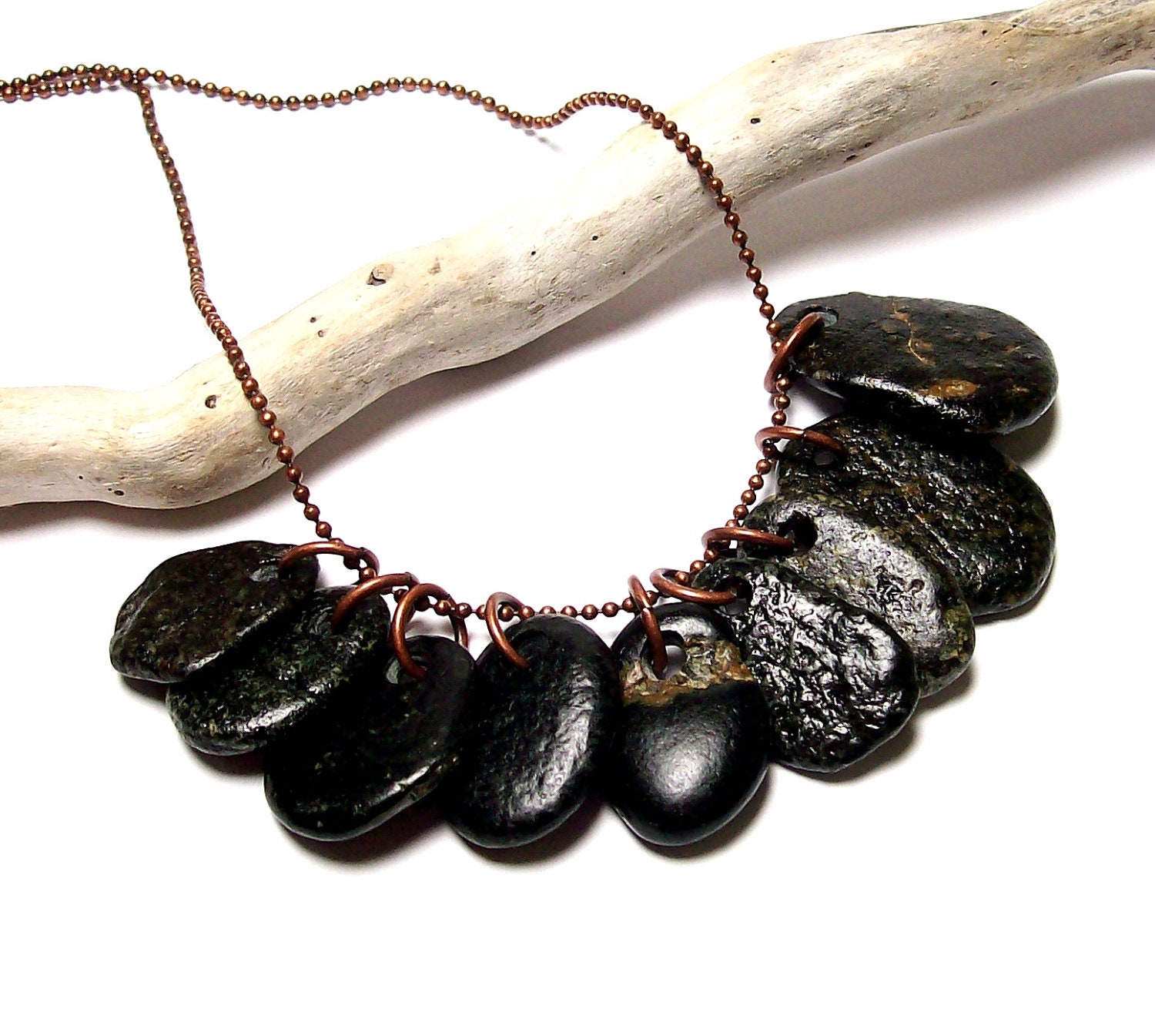 Beach Stones Pebbles Jewelry Beads - Black Dangles - Dark Charms - "Copper Cascade" by StoneMe