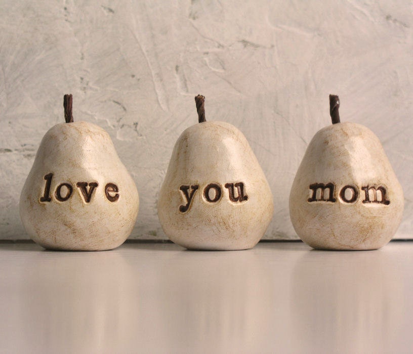 Mothers Day gift for your mom ... love you mom ...Three handmade polymer clay pears ... 3 Word Pears, white