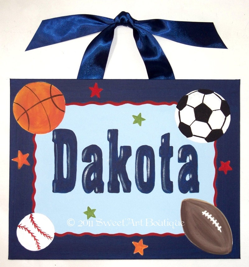 Sports boy Custom canvas letter name sign wall art handpainted basketball football soccer baseball blue navy red