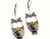 Steampunk Earrings - Lush DRAGONFLY Vintage Clockwork Design & Dark Montana Blue Swarovski Crystals - All Steampunk Jewelry PROMPTLY SHIPPED