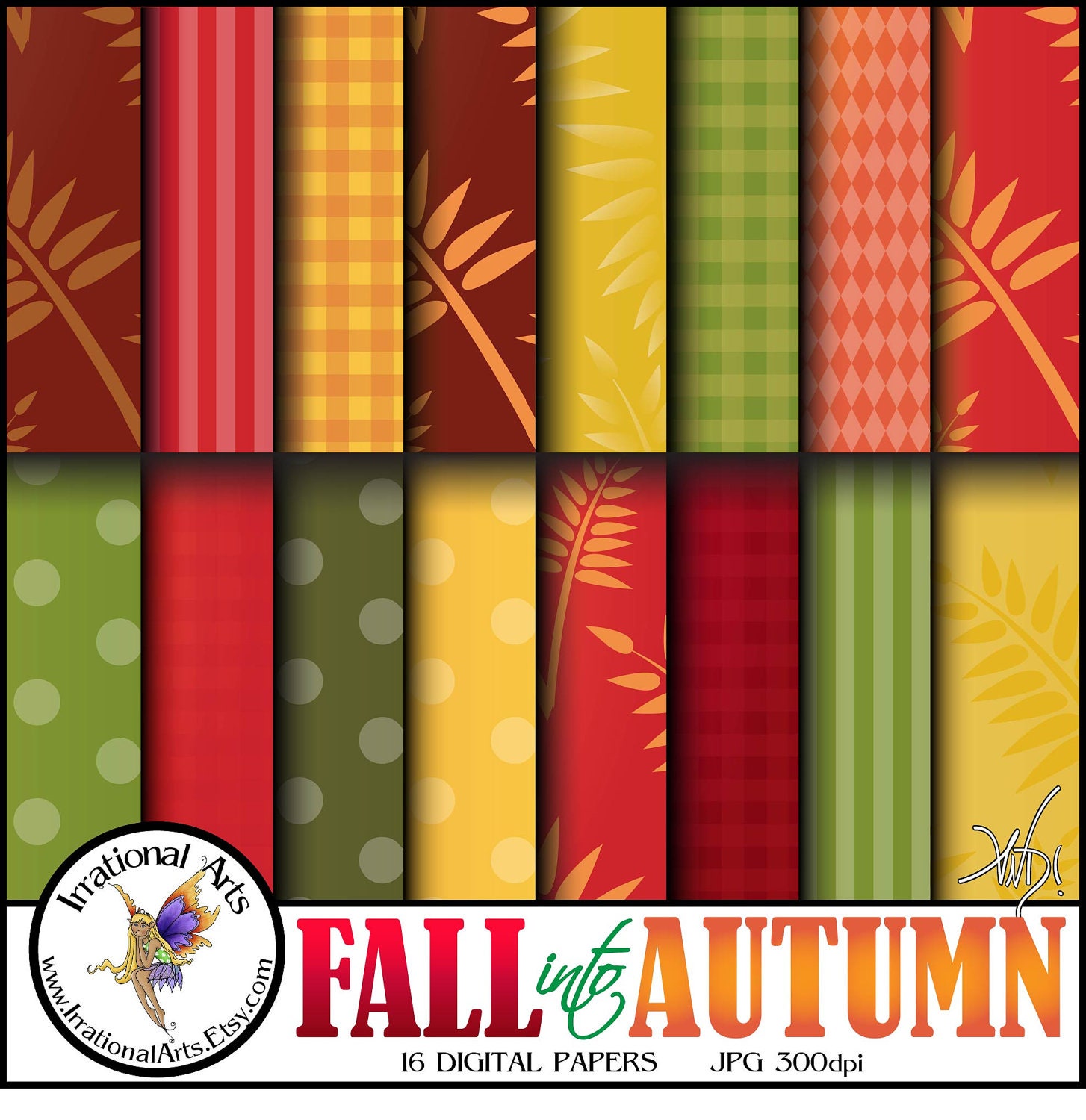 Fall into Autumn set 1 Digital Scrapbooking Papers 16 jpg files Autumn Fall Colors dots stripes grain gingham orange yellow red green