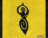 Yellow Tea Towel Embroidered with Black Spiral Goddess