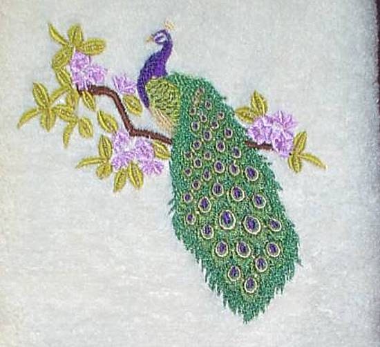 BEAUTIFUL and BRILLIANT PEACOCK Embroidered Terrycloth Hand Towel