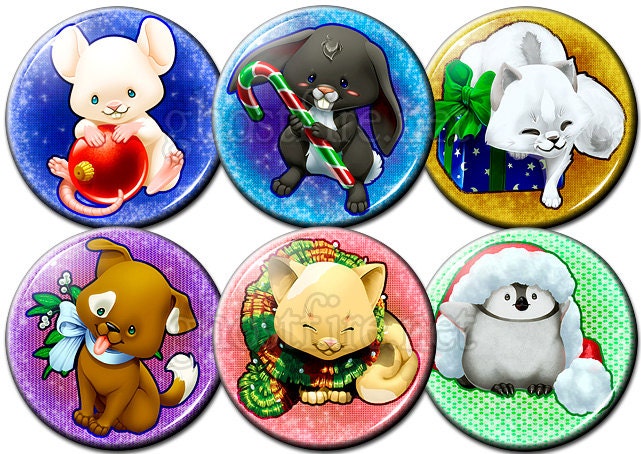 Adorable Christmas Cuties Xmas Chibi Animals - 1.75" Pin-Backed Buttons - Set of 6