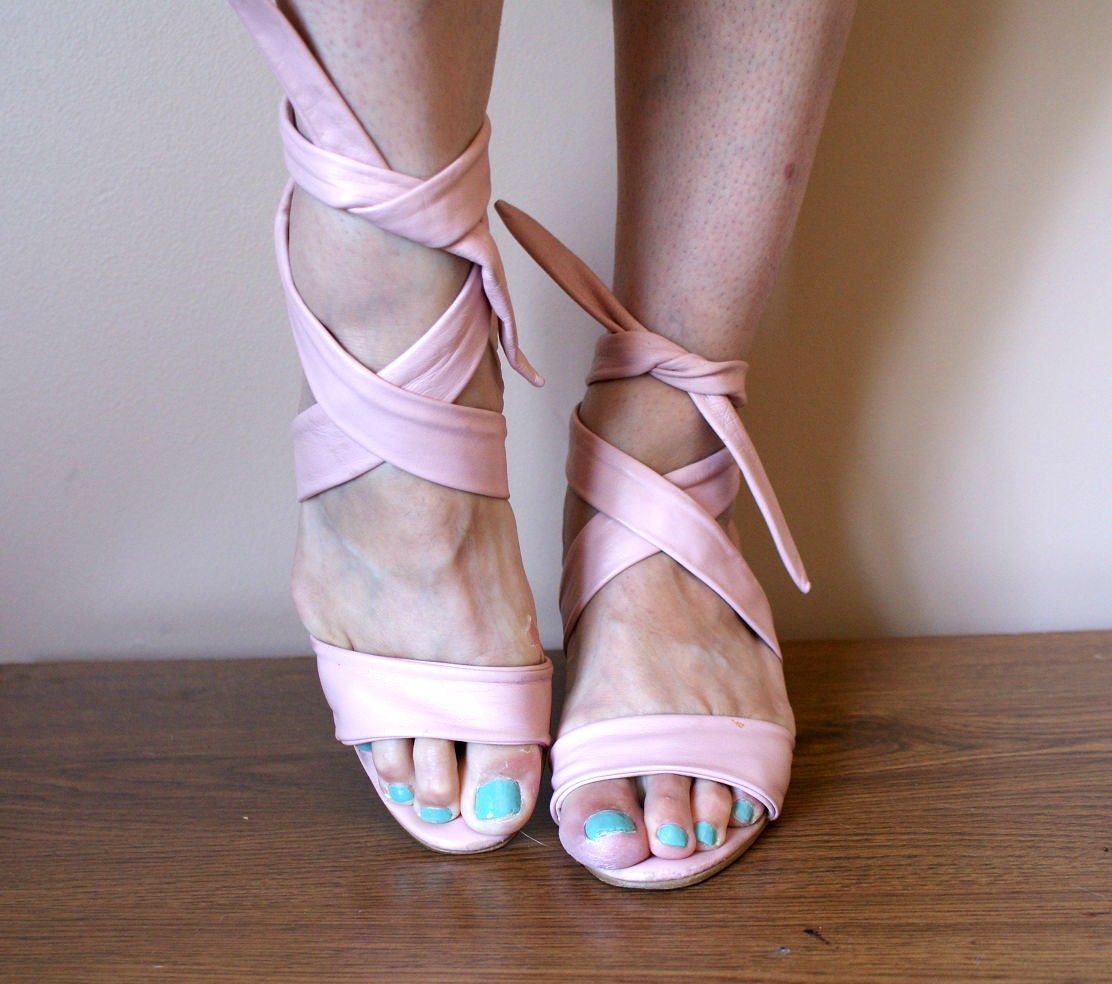 Pink Leather Wrap Around Strappy Sandals 7
