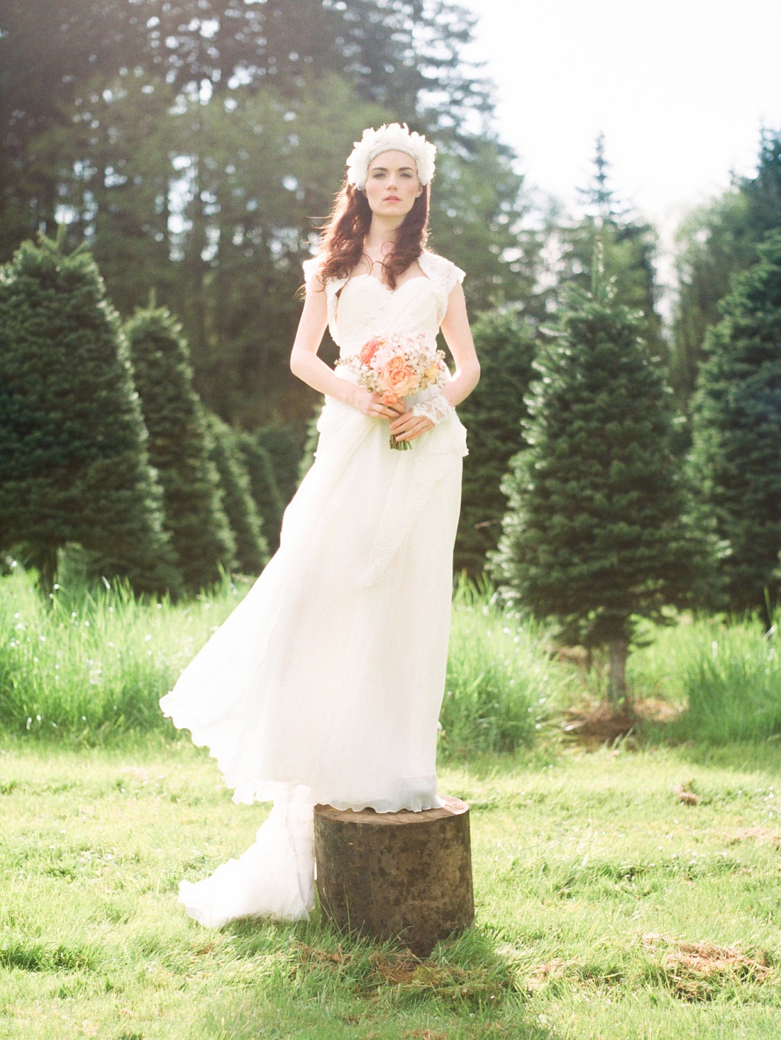 Angels Dance - Snow White Lace Silk Chiffon Wedding Gown Full Princess Ruffle Train