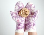 Ready to ship- Felted wool mittens in white&purple