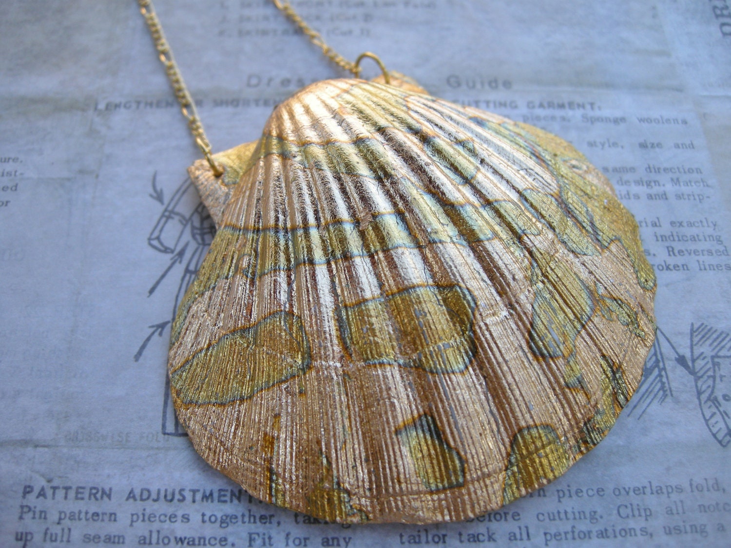 Shell Necklace with Gold Verdigris Leaf