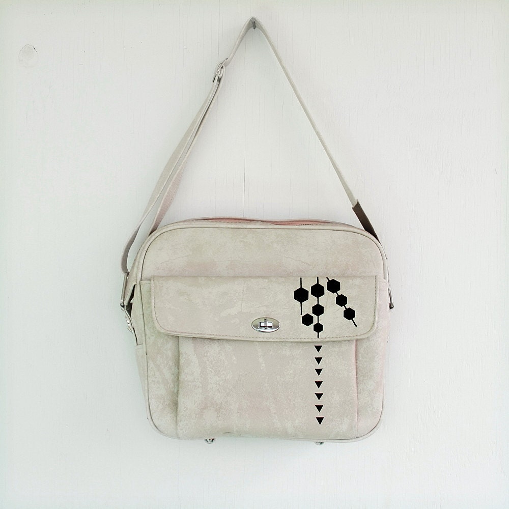 Geometric Patterned Off White Cream Marbled VINTAGE Messenger Bag Luggage