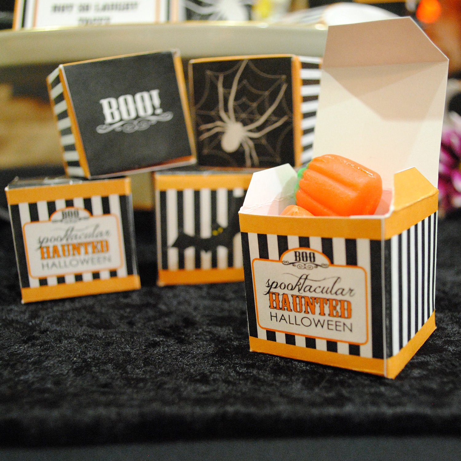 Spooky Mini Favor Box Halloween Decoration - Bats, Spiders, Orange, Black and White with Haunted Fonts - Printable Trick or Treat