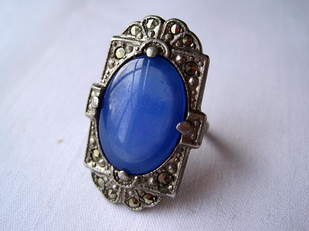 Vintage Art Deco Ring - Blue Glass and Marcasite