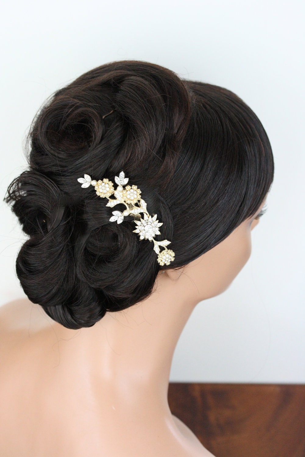 Gold Wedding hair Comb  Rhinestone Flower Bridal Comb White  Ivory Pearl Art Deco Headpiece  MARION