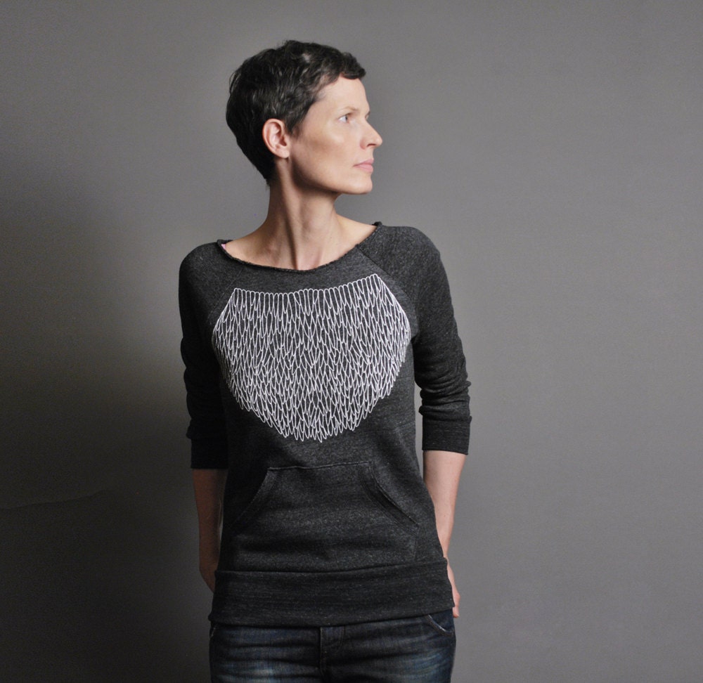 Eco Fashion Charcoal Eco Fleece Sweatshirt,  Modern Geometric Lace Print, Pullover Sweatshirt