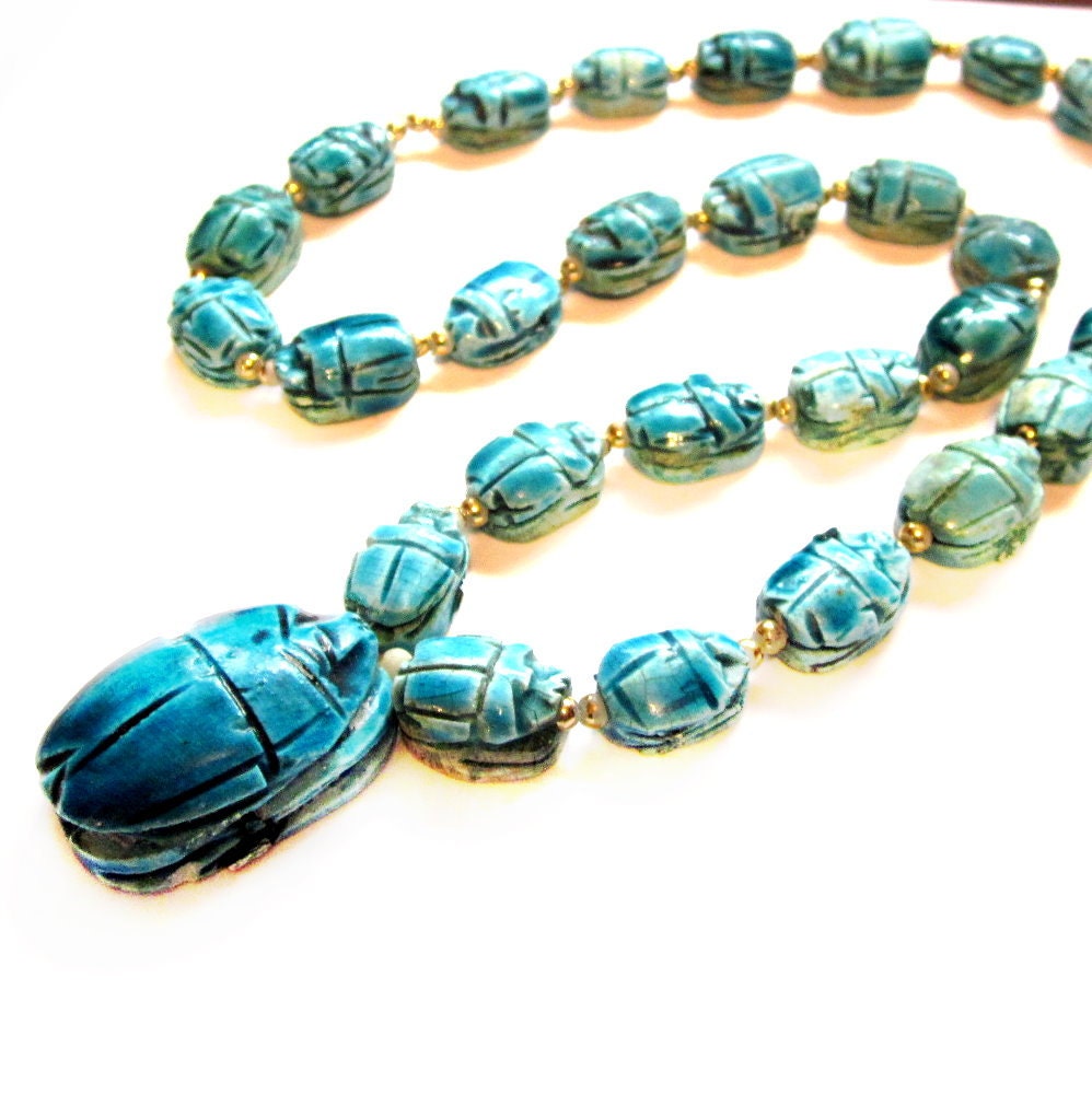 Vintage Scarab Stone Necklace, Blue Ceramic Beetle, Costume Jewelry
