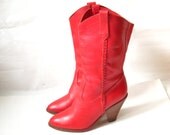 Vintage 70s Candies  Red Leather Stacked  High Heel Cowboy Boots. Size 8 1/2