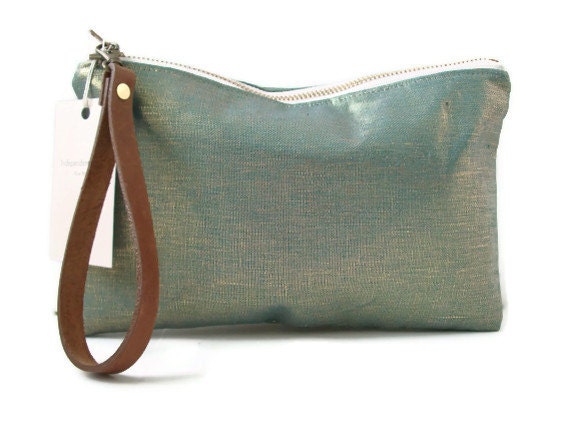 Clutch Bag Wristlet, Purse, Handbag for Women, Metallic Mermaid Linen with Leather Wrist Strap